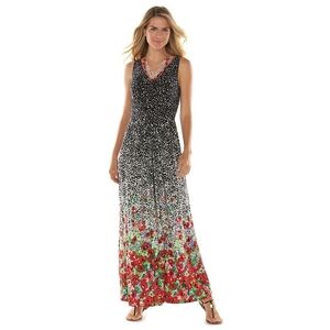 Chaps Gradient Floral Maxi Dress White Black And Red Size Medium